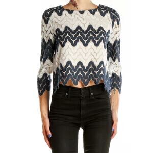 NWOT BCBGMAXAZRIA Blouse S Blue-White Wavy Chevron Lace Crochet “Shelby”